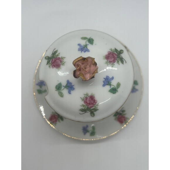 Vtg. White Porcelain Blue Pink Roses Jam Jar Sugar Bowl & Lid Floral UndePlate - Picture 2 of 14